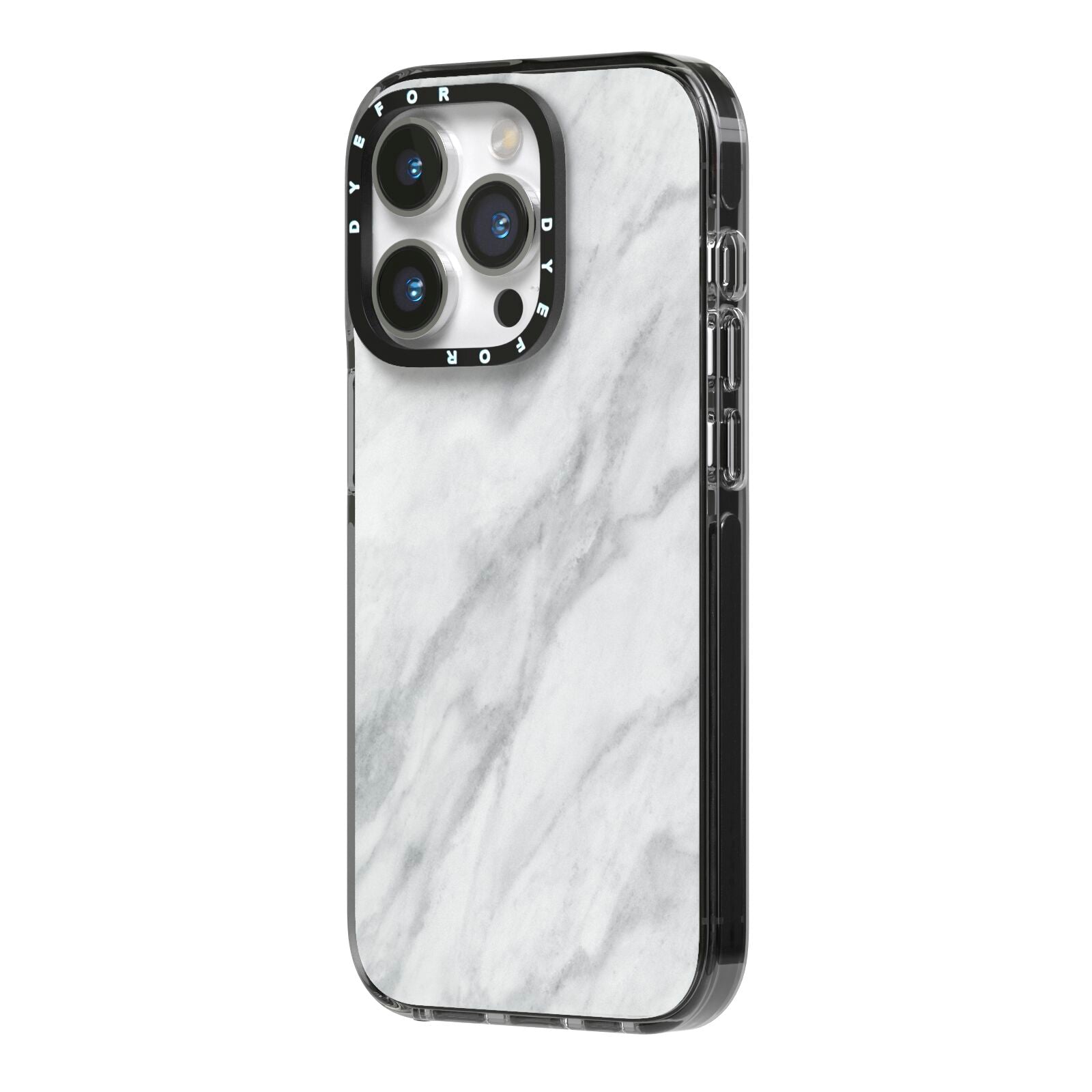 Faux Marble Effect Italian iPhone 14 Pro Black Impact Case Side Angle on Silver phone