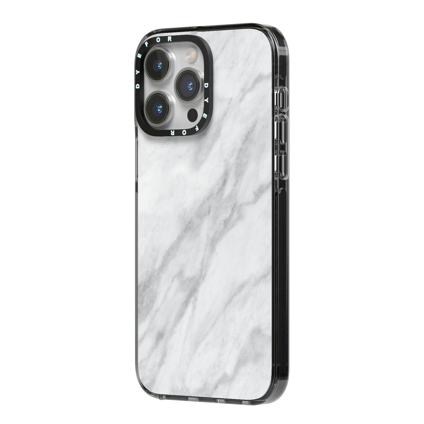 Faux Marble Effect Italian iPhone 14 Pro Max Black Impact Case Side Angle on Silver phone