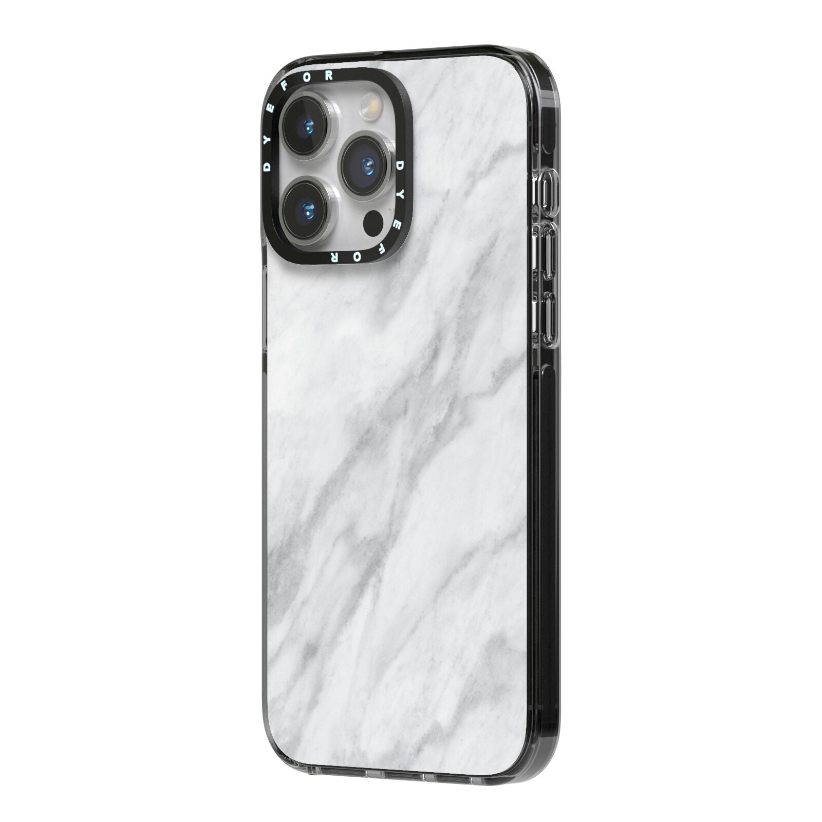 Faux Marble Effect Italian iPhone 14 Pro Max Black Impact Case Side Angle on Silver phone