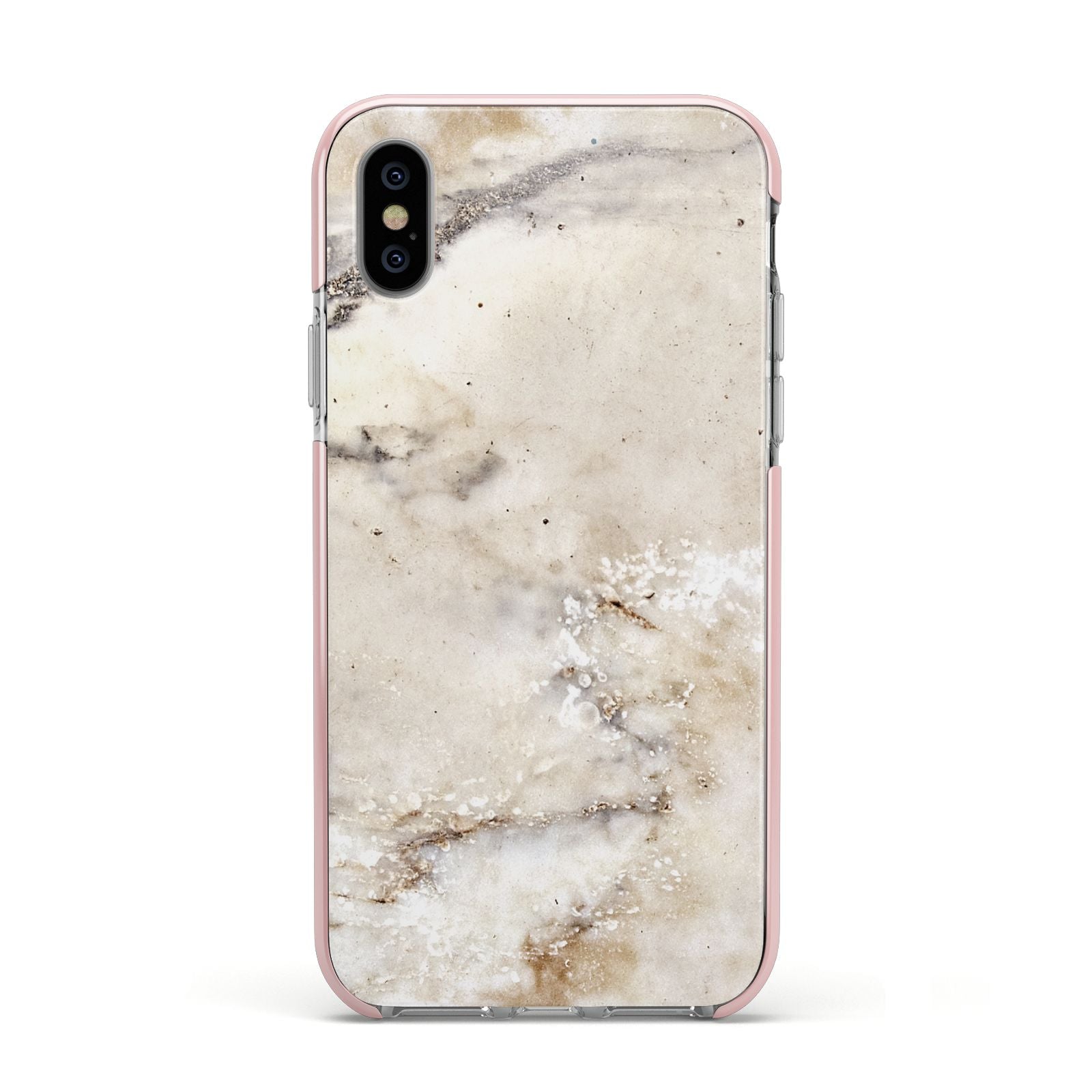 Faux Marble Effect Print Apple iPhone Xs Impact Case Pink Edge on Silver Phone