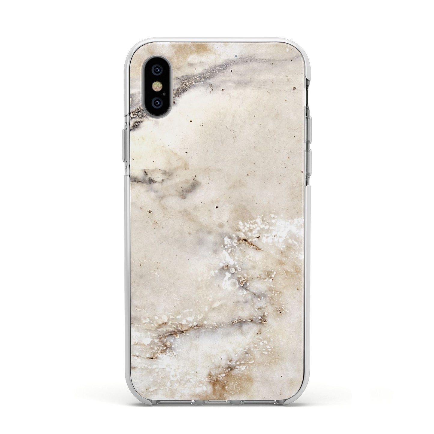 Faux Marble Effect Print Apple iPhone Xs Impact Case White Edge on Silver Phone
