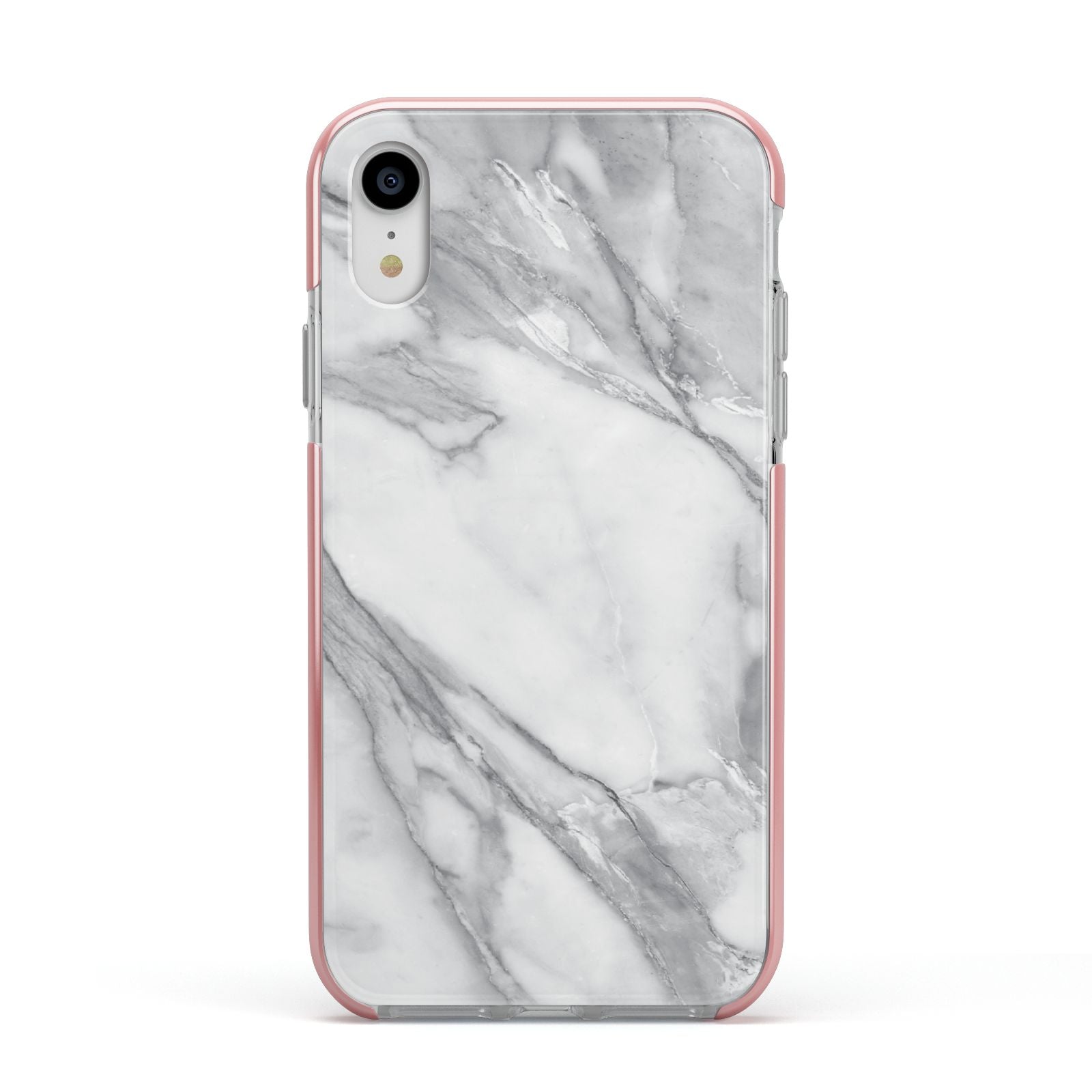 Faux Marble Effect White Grey Apple iPhone XR Impact Case Pink Edge on Silver Phone