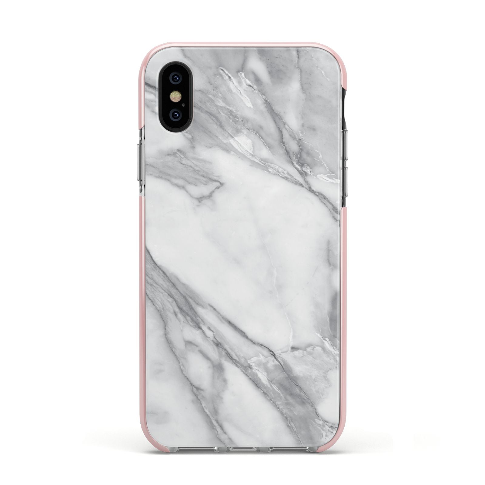 Faux Marble Effect White Grey Apple iPhone Xs Impact Case Pink Edge on Black Phone