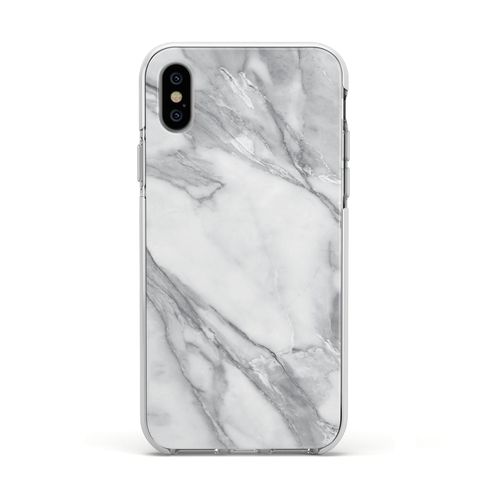 Faux Marble Effect White Grey Apple iPhone Xs Impact Case White Edge on Silver Phone