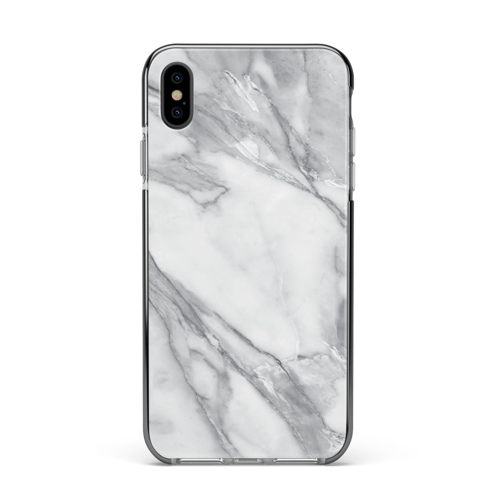Faux Marble Effect White Grey Apple iPhone Xs Max Impact Case Black Edge on Black Phone