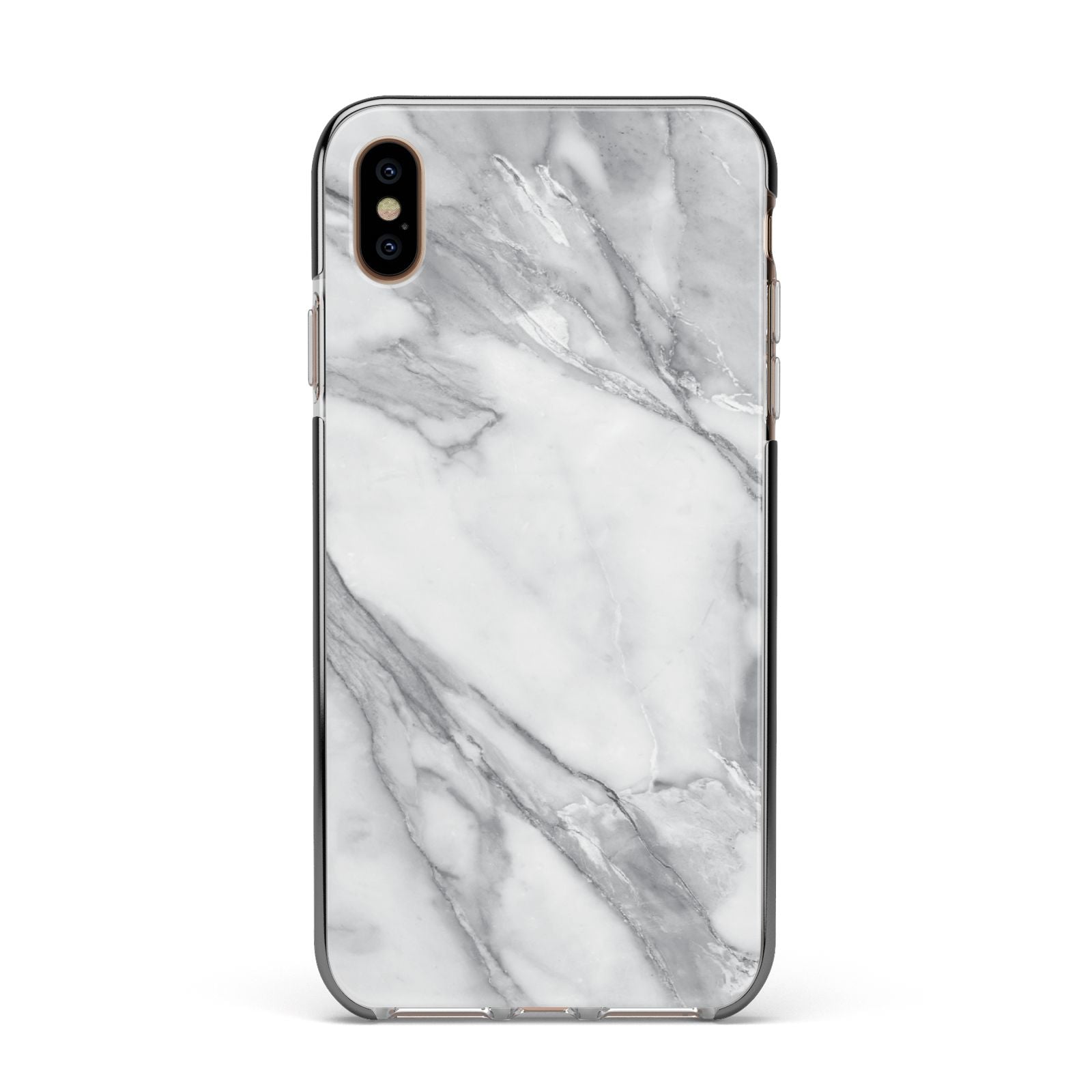 Faux Marble Effect White Grey Apple iPhone Xs Max Impact Case Black Edge on Gold Phone