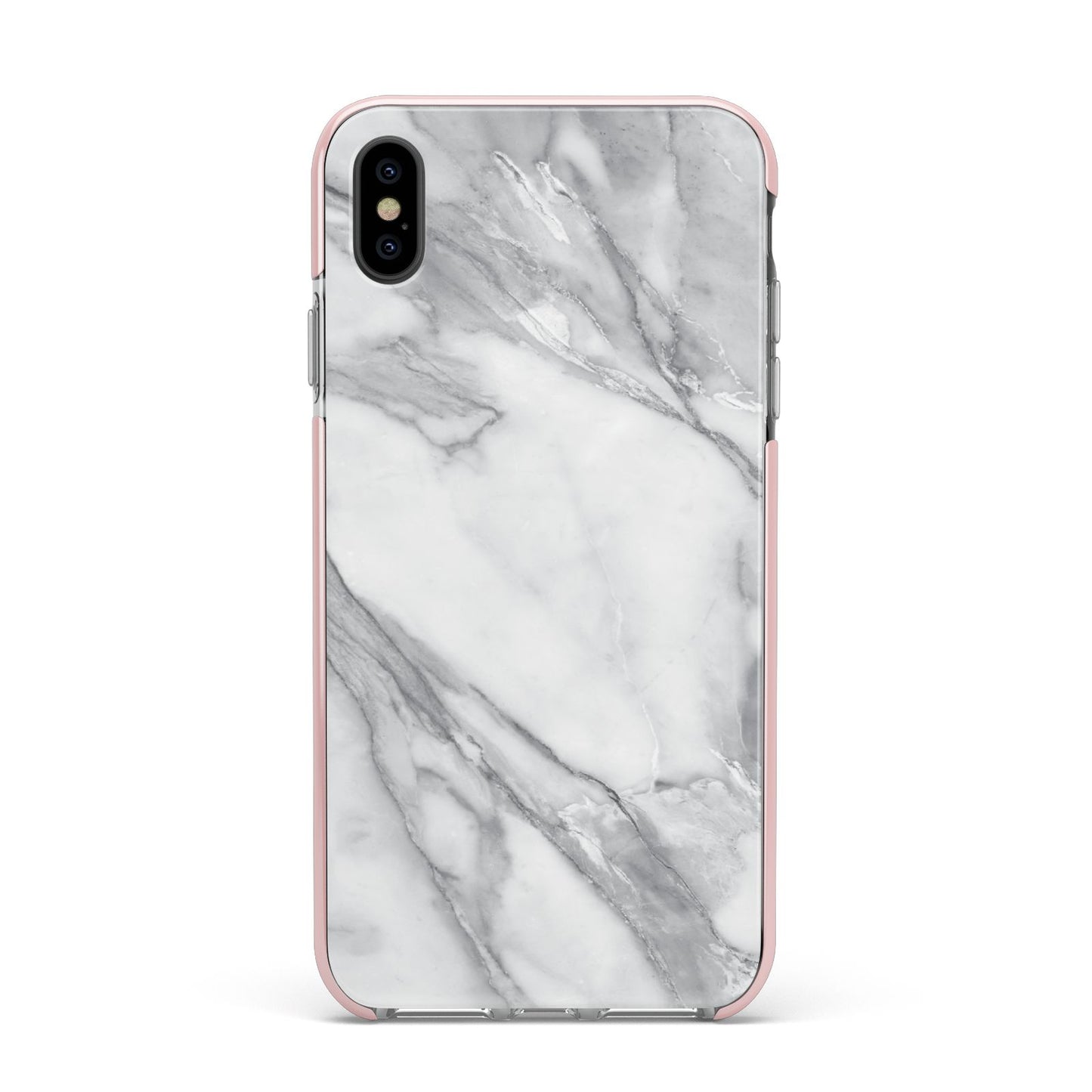 Faux Marble Effect White Grey Apple iPhone Xs Max Impact Case Pink Edge on Black Phone