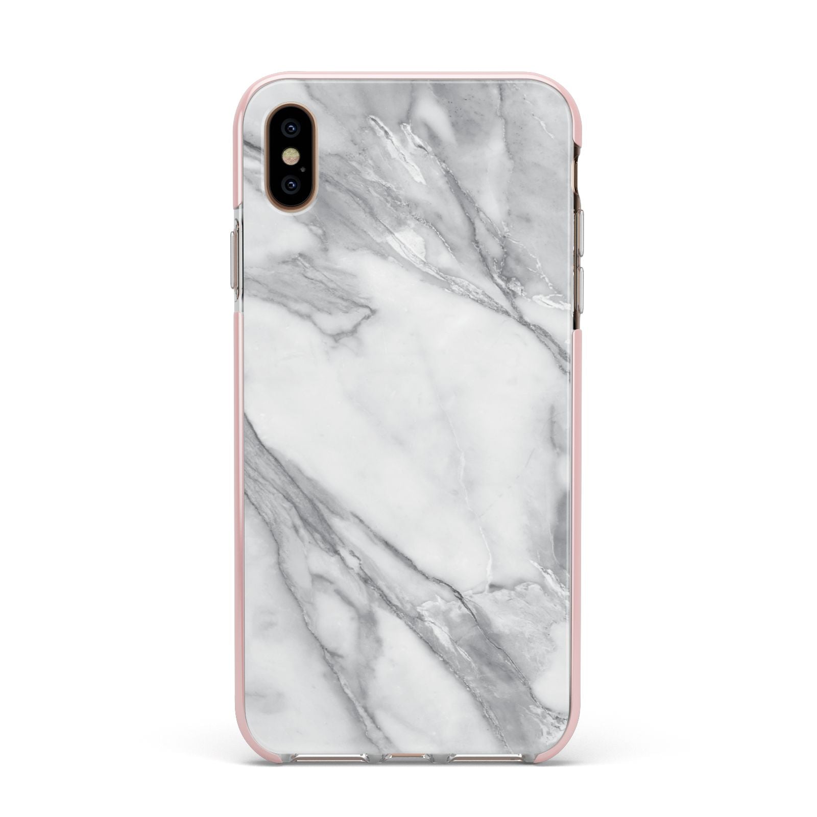 Faux Marble Effect White Grey Apple iPhone Xs Max Impact Case Pink Edge on Gold Phone