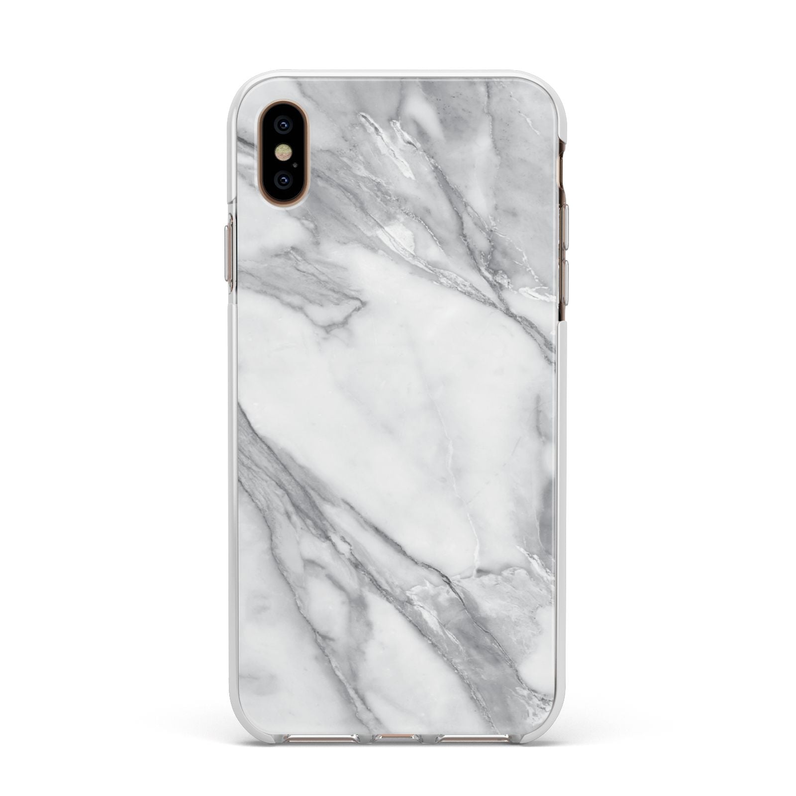 Faux Marble Effect White Grey Apple iPhone Xs Max Impact Case White Edge on Gold Phone