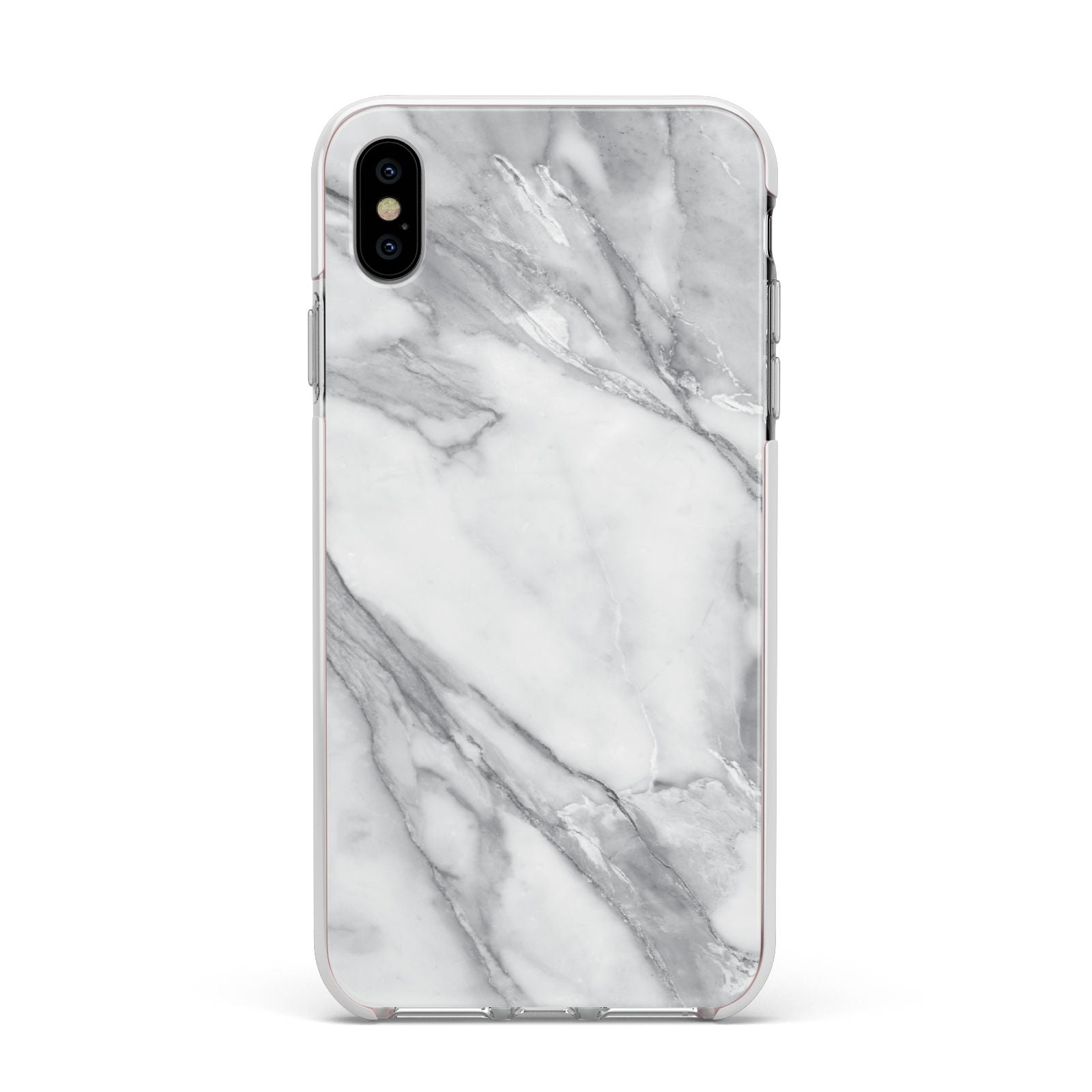 Faux Marble Effect White Grey Apple iPhone Xs Max Impact Case White Edge on Silver Phone