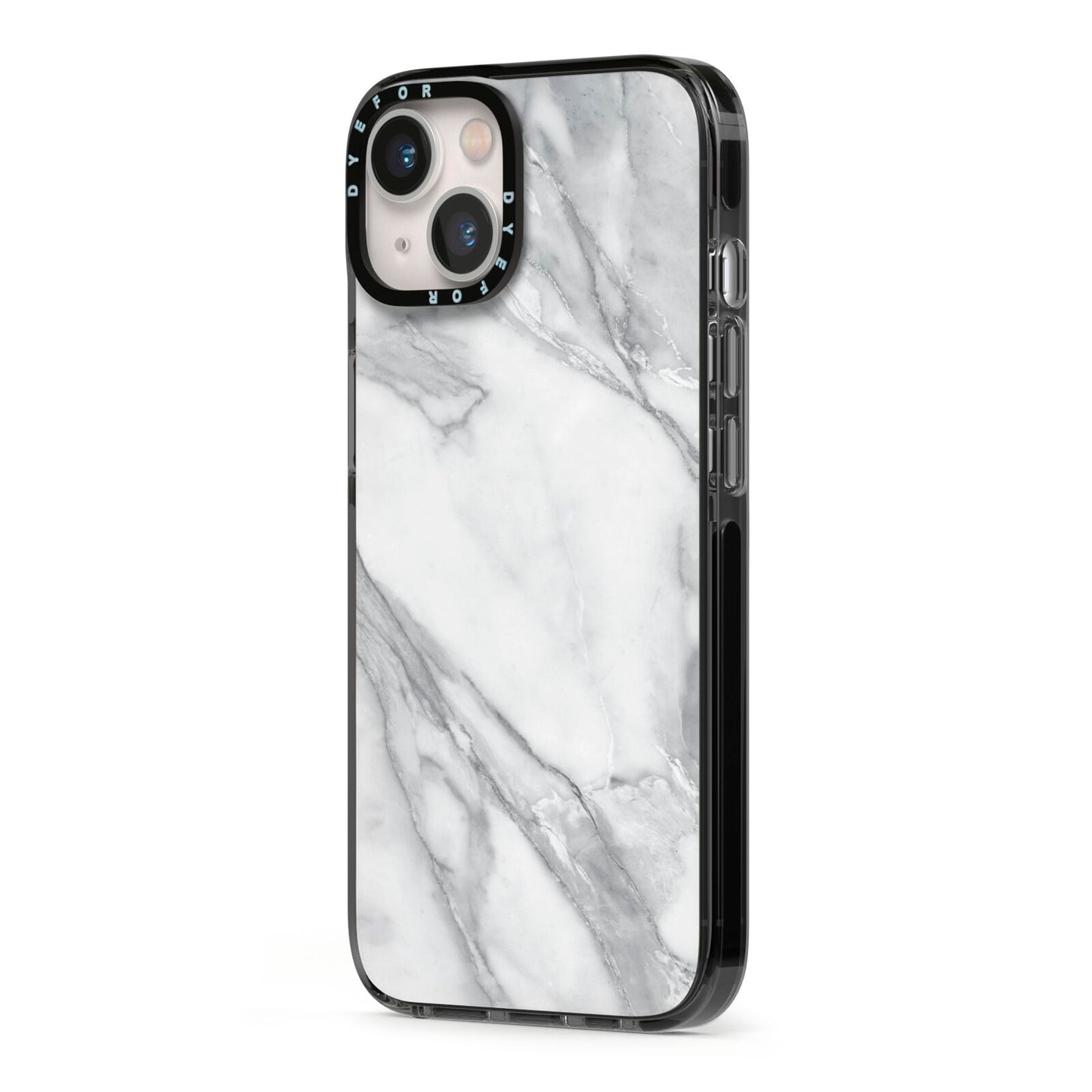 Faux Marble Effect White Grey iPhone 13 Black Impact Case Side Angle on Silver phone