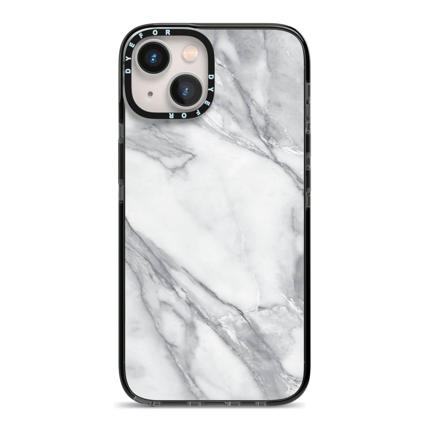 Faux Marble Effect White Grey iPhone 13 Black Impact Case on Silver phone