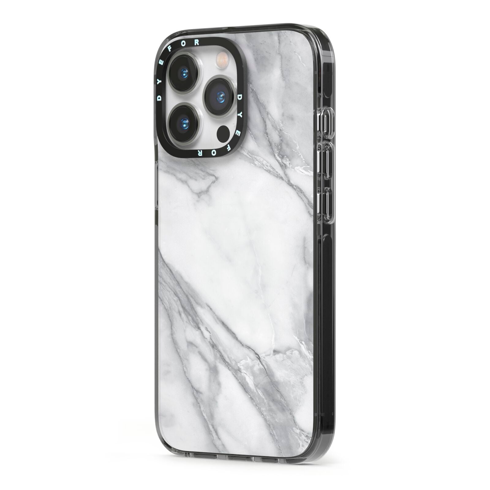 Faux Marble Effect White Grey iPhone 13 Pro Black Impact Case Side Angle on Silver phone