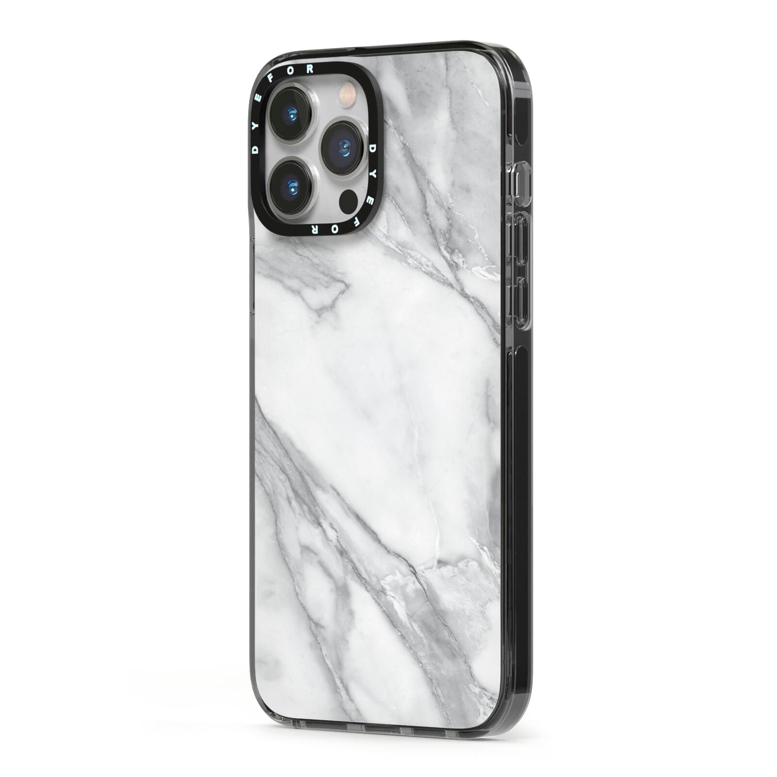 Faux Marble Effect White Grey iPhone 13 Pro Max Black Impact Case Side Angle on Silver phone