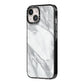 Faux Marble Effect White Grey iPhone 14 Black Impact Case Side Angle on Silver phone