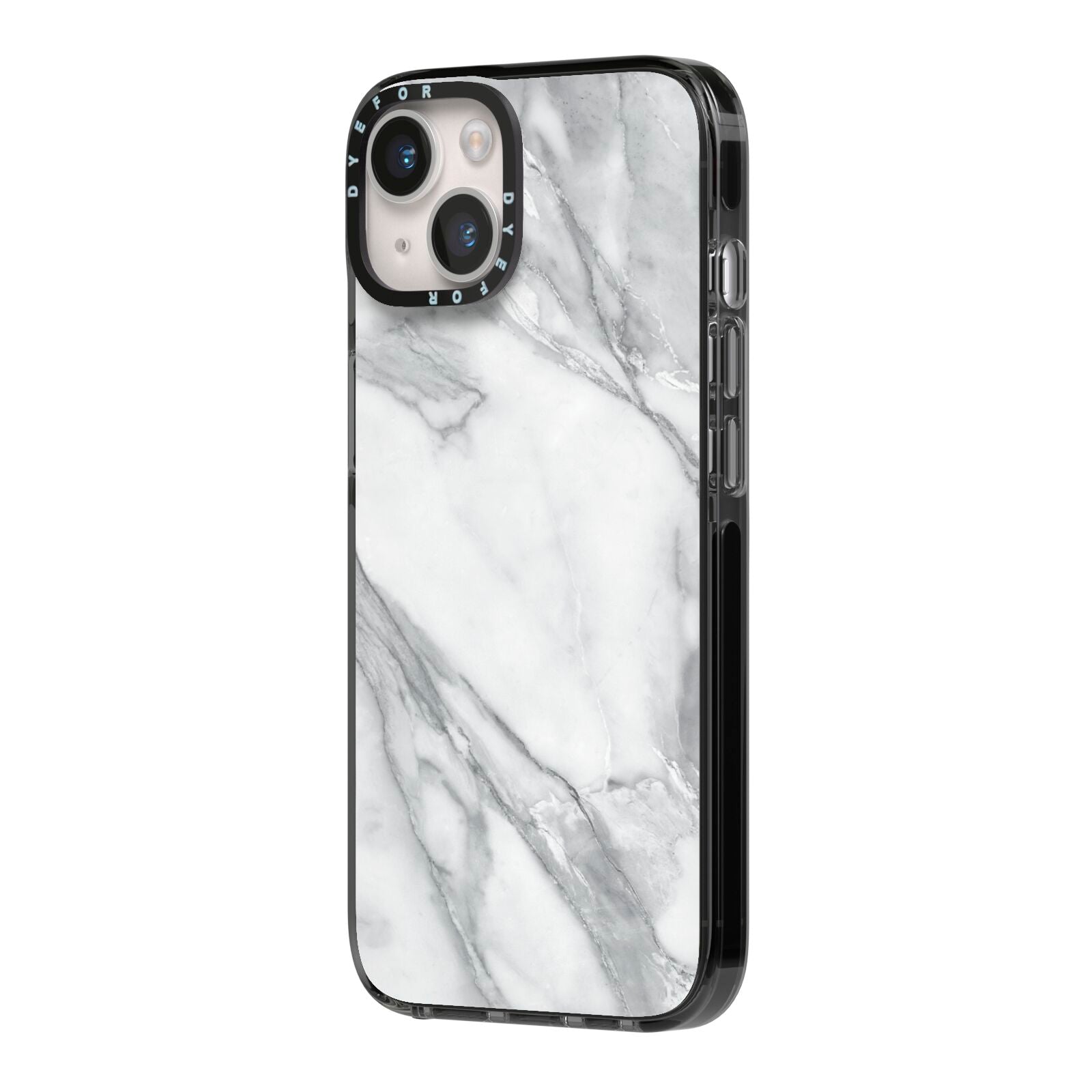 Faux Marble Effect White Grey iPhone 14 Black Impact Case Side Angle on Silver phone