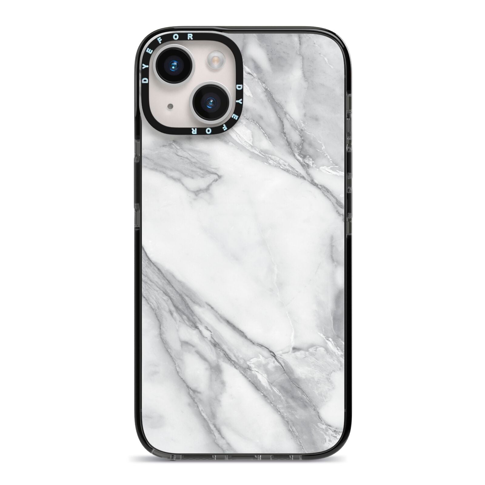 Faux Marble Effect White Grey iPhone 14 Black Impact Case on Silver phone