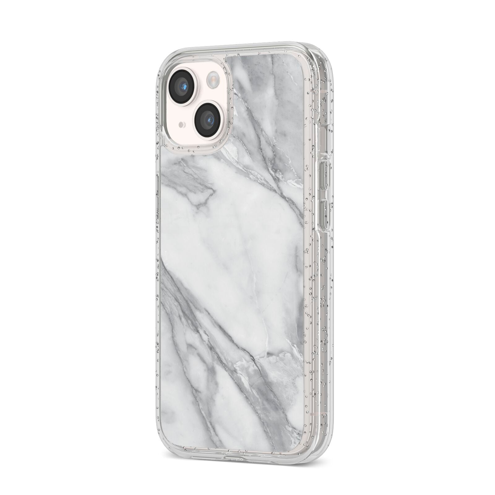 Faux Marble Effect White Grey iPhone 14 Glitter Tough Case Starlight Angled Image