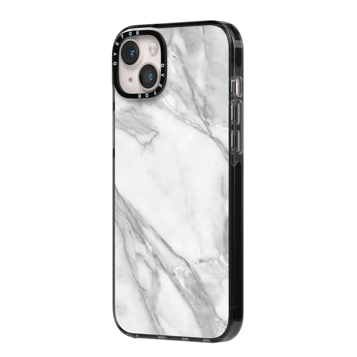 Faux Marble Effect White Grey iPhone 14 Plus Black Impact Case Side Angle on Silver phone