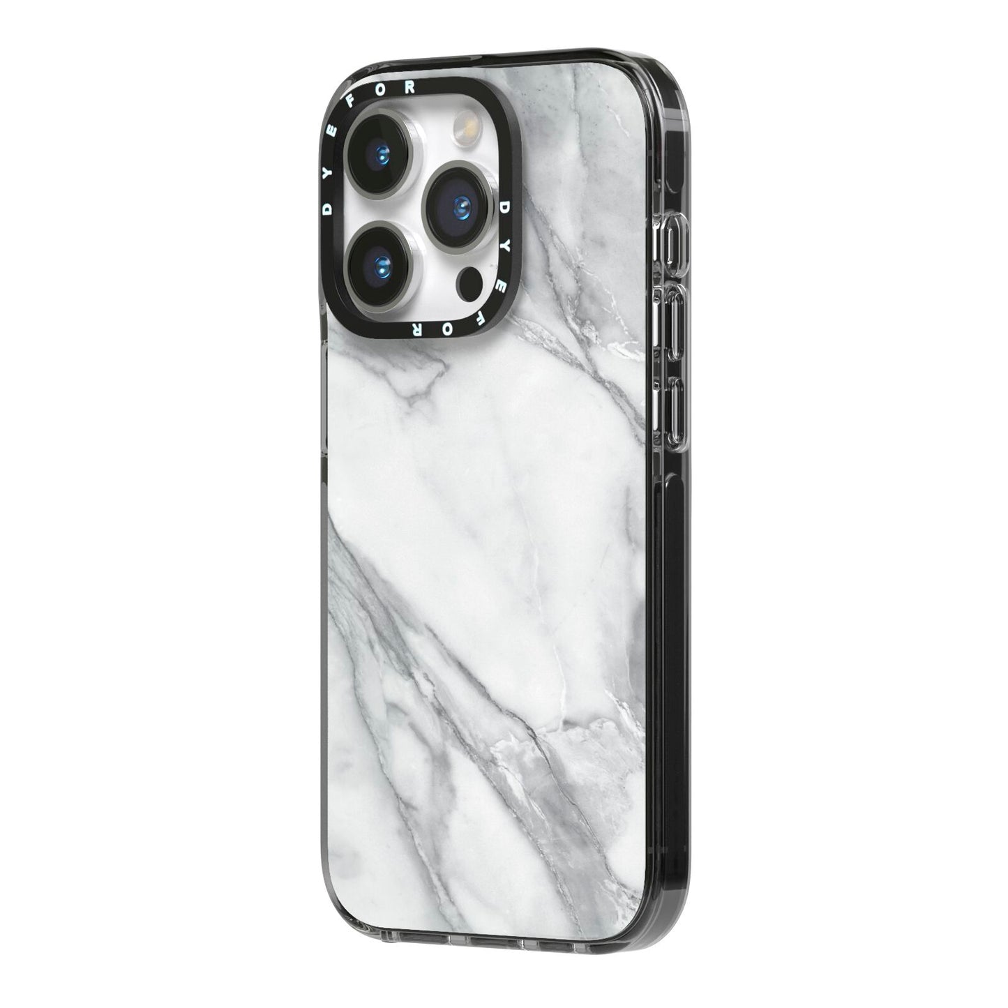 Faux Marble Effect White Grey iPhone 14 Pro Black Impact Case Side Angle on Silver phone