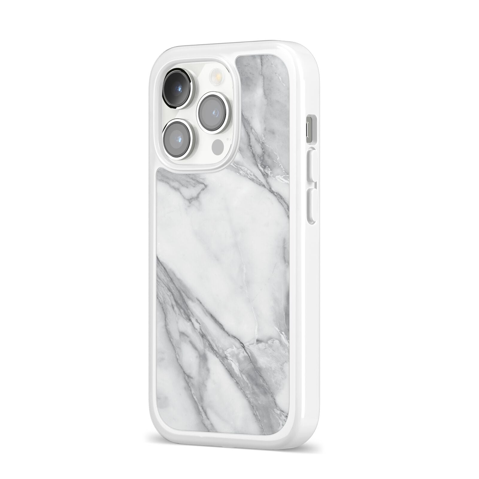 Faux Marble Effect White Grey iPhone 14 Pro Clear Tough Case Silver Angled Image
