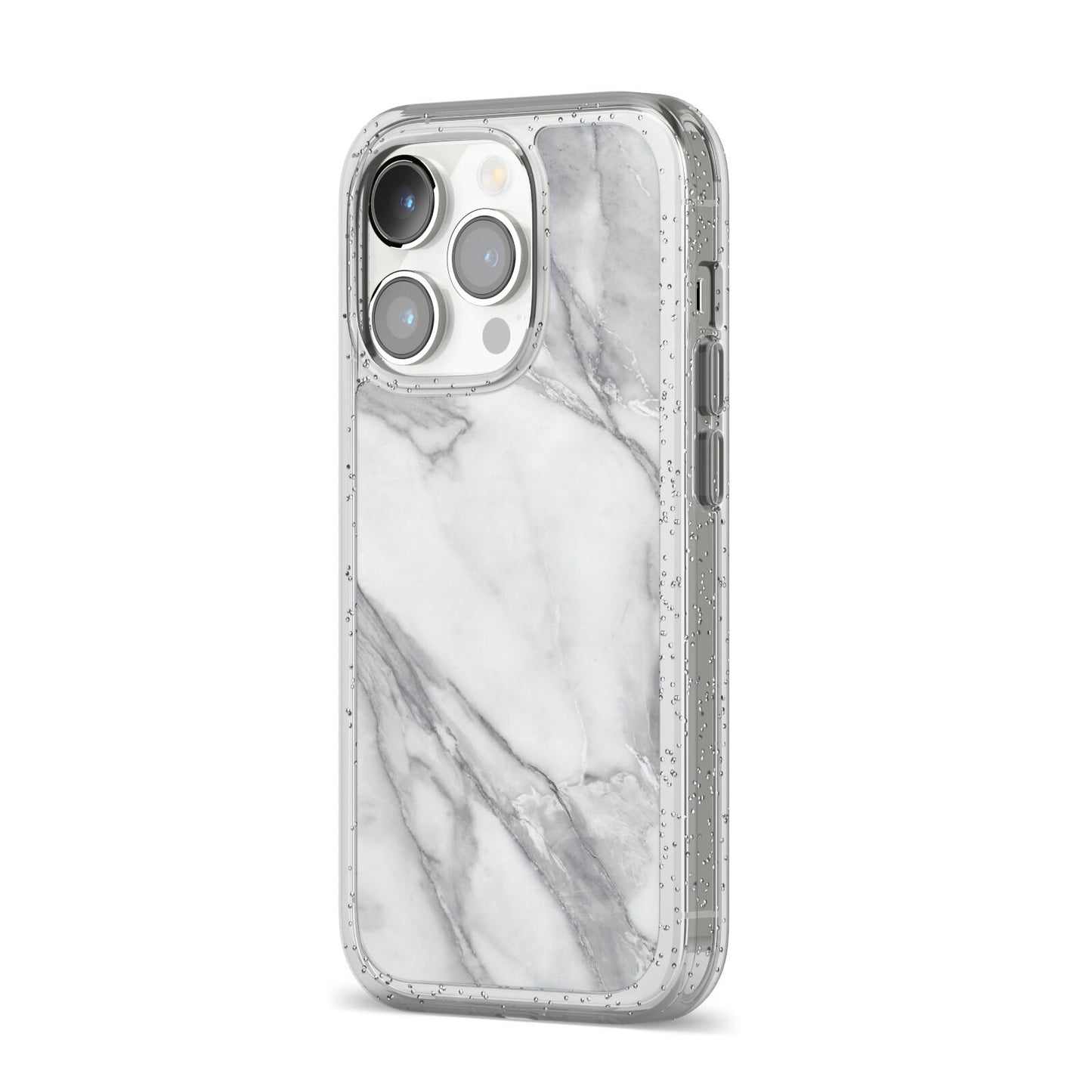 Faux Marble Effect White Grey iPhone 14 Pro Glitter Tough Case Silver Angled Image