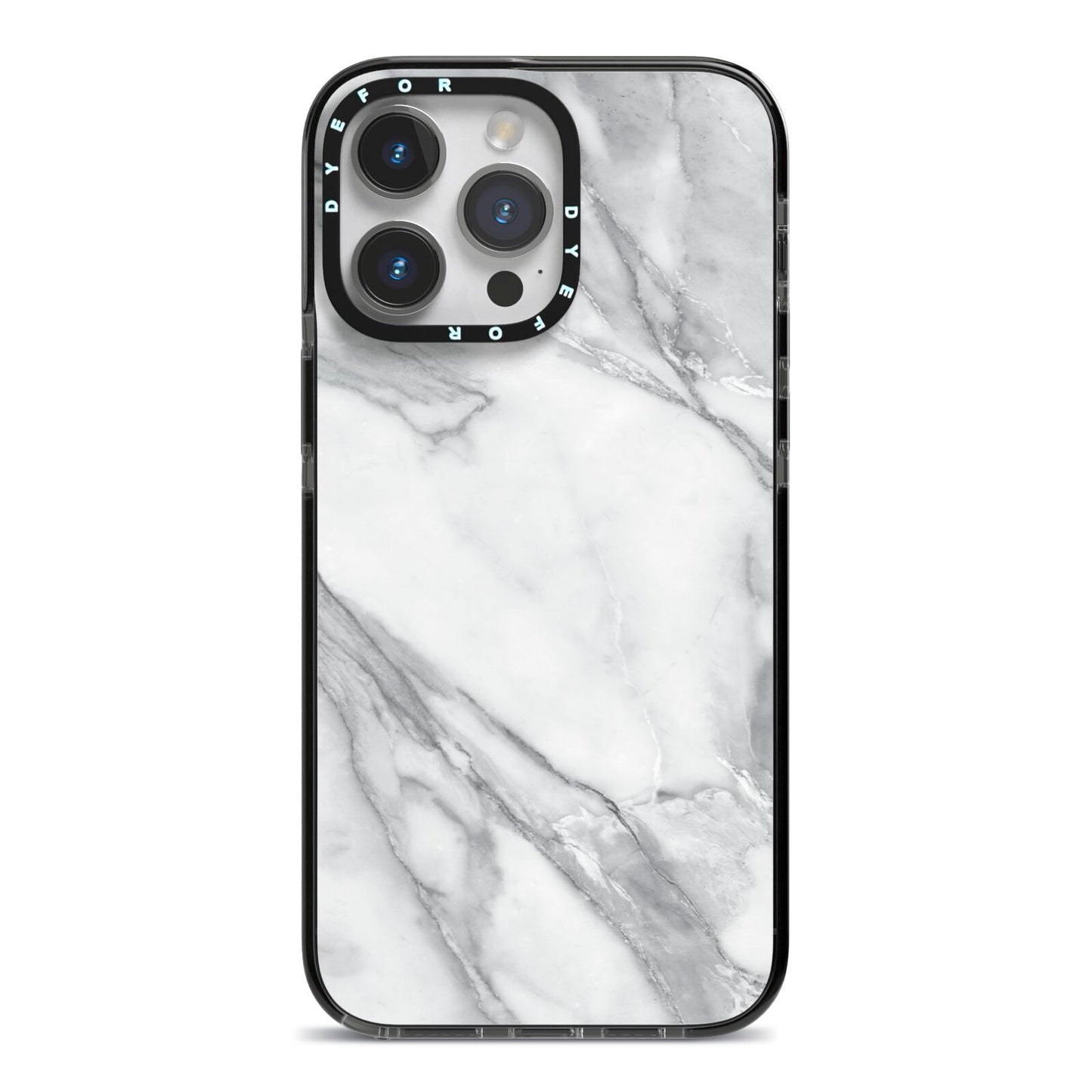 Faux Marble Effect White Grey iPhone 14 Pro Max Black Impact Case on Silver phone