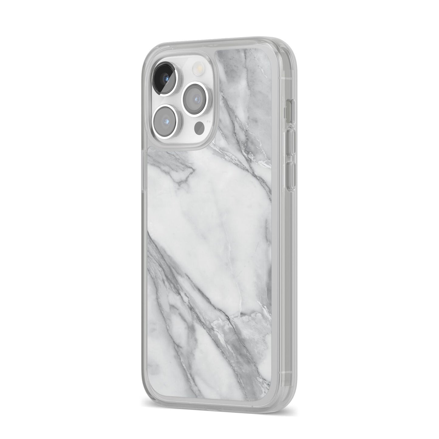 Faux Marble Effect White Grey iPhone 14 Pro Max Clear Tough Case Silver Angled Image