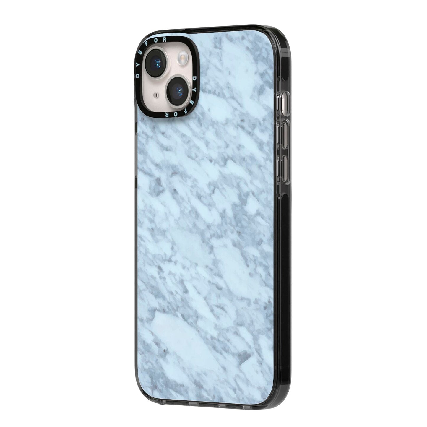Faux Marble Grey 2 iPhone 14 Plus Black Impact Case Side Angle on Silver phone
