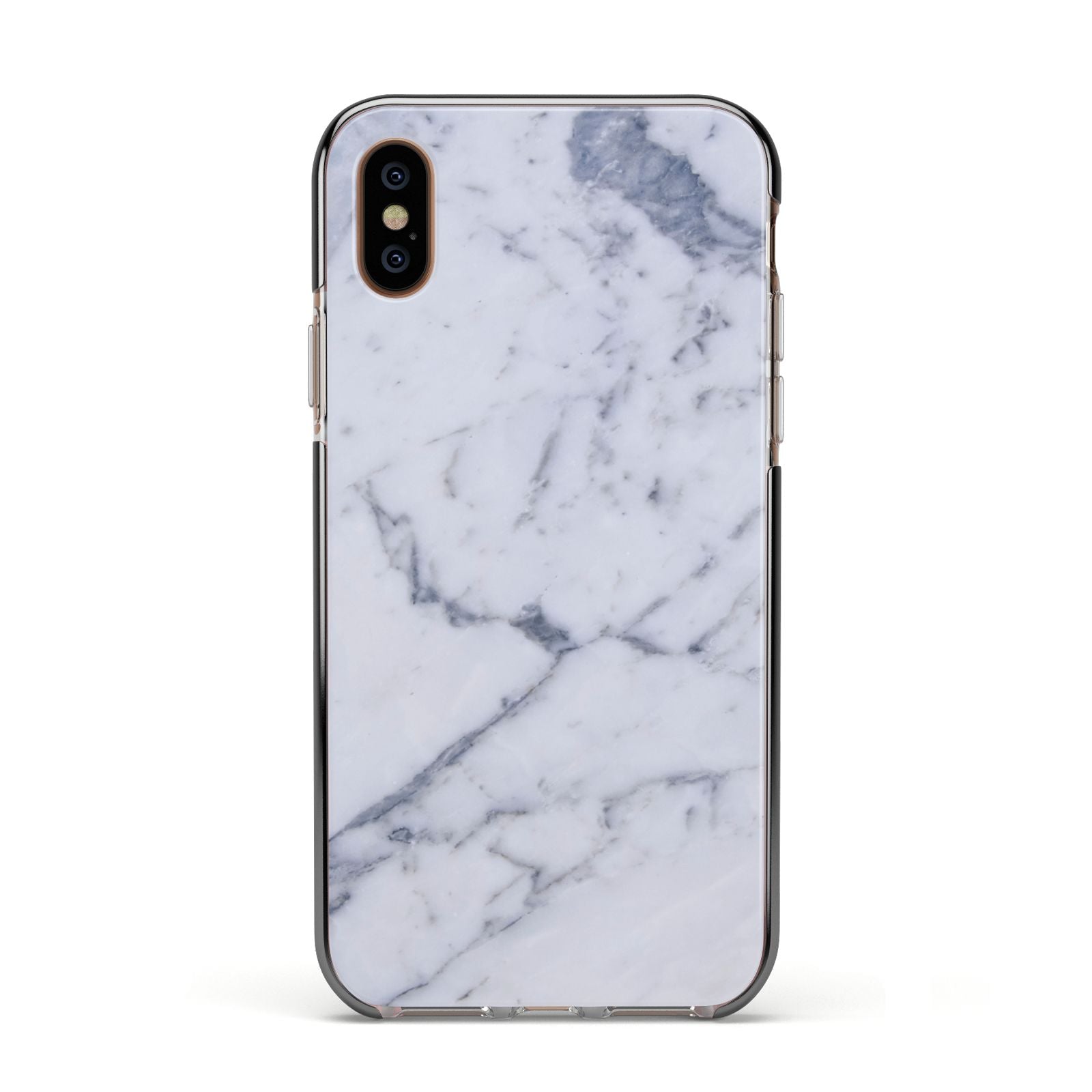 Faux Marble Grey White Apple iPhone Xs Impact Case Black Edge on Gold Phone