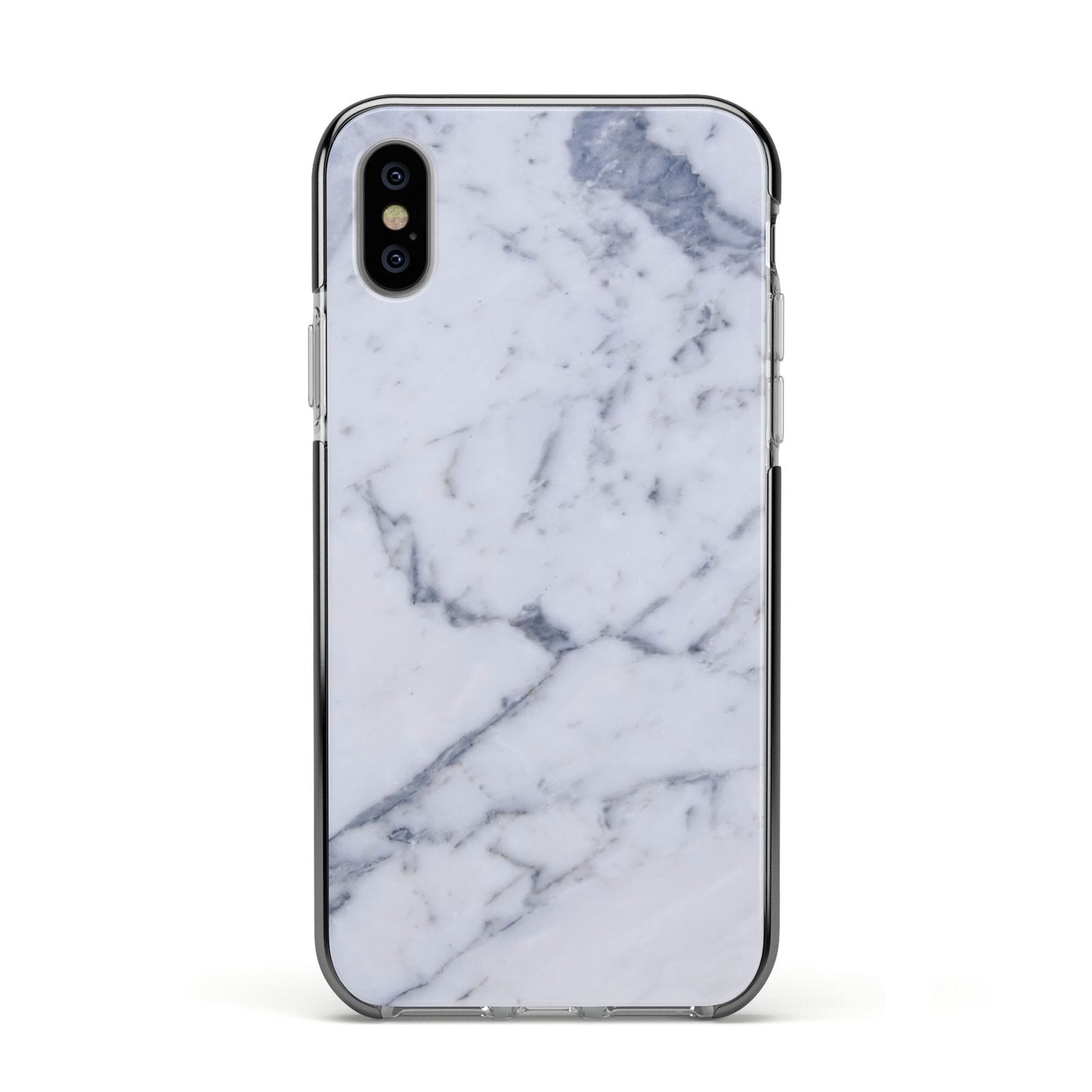 Faux Marble Grey White Apple iPhone Xs Impact Case Black Edge on Silver Phone