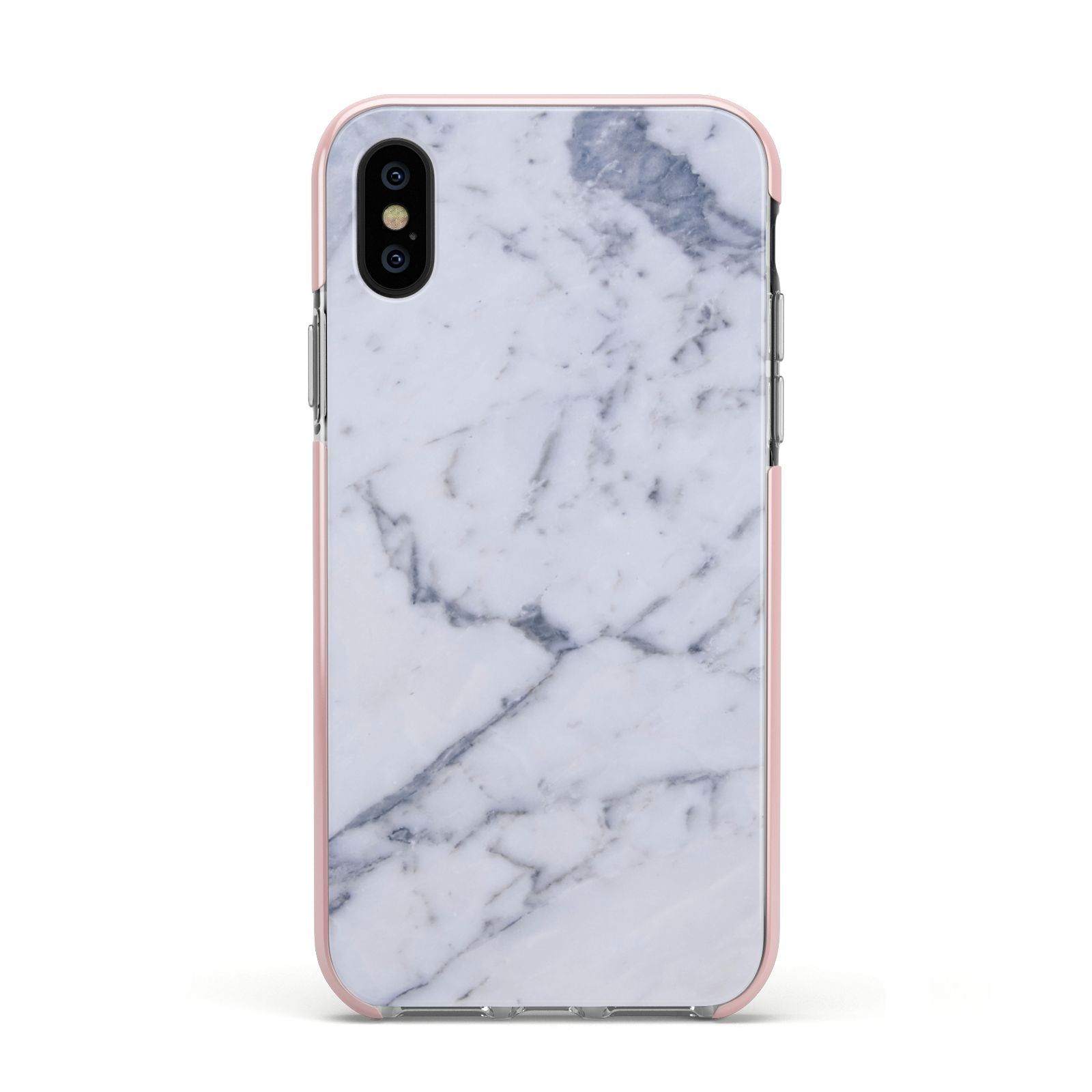 Faux Marble Grey White Apple iPhone Xs Impact Case Pink Edge on Black Phone