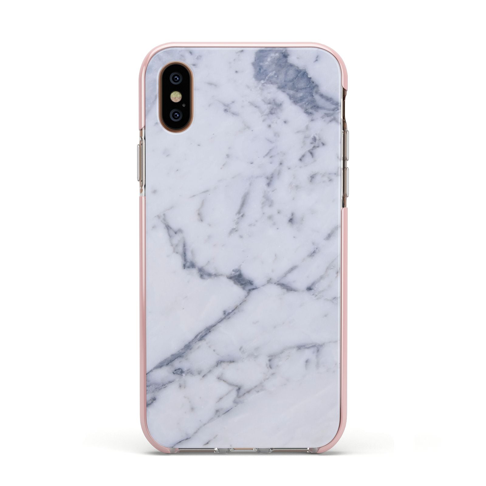 Faux Marble Grey White Apple iPhone Xs Impact Case Pink Edge on Gold Phone