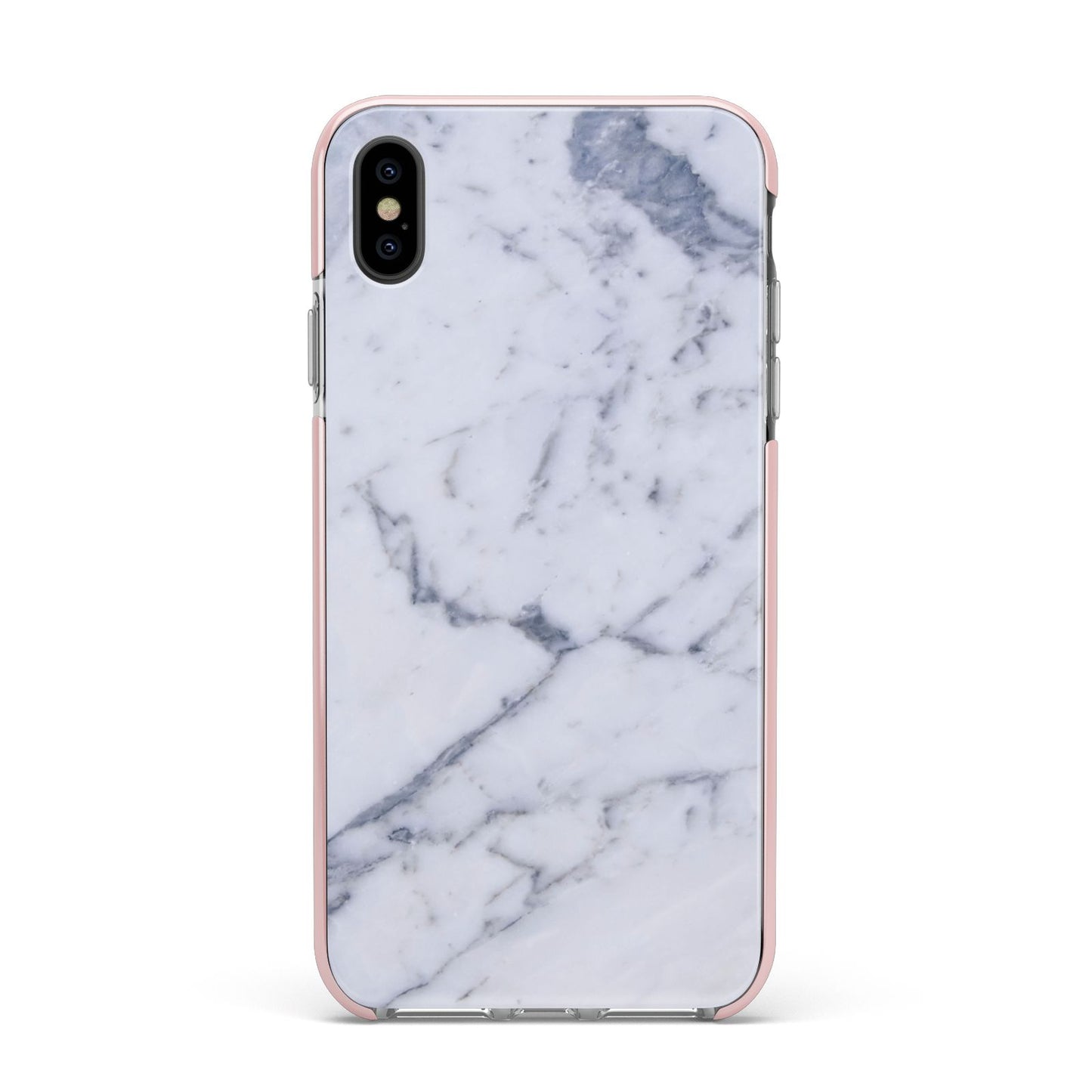 Faux Marble Grey White Apple iPhone Xs Max Impact Case Pink Edge on Black Phone
