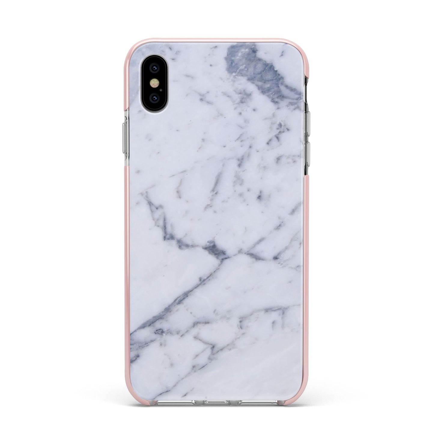 Faux Marble Grey White Apple iPhone Xs Max Impact Case Pink Edge on Silver Phone