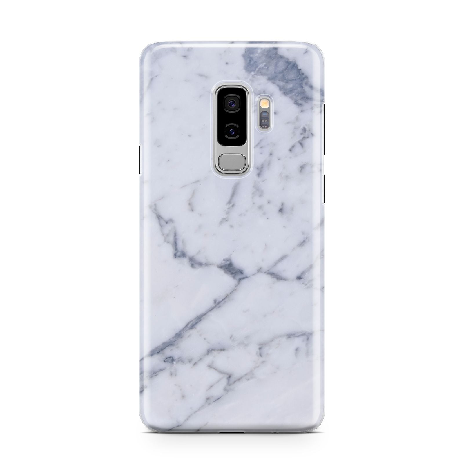 Faux Marble Grey White Samsung Galaxy S9 Plus Case on Silver phone