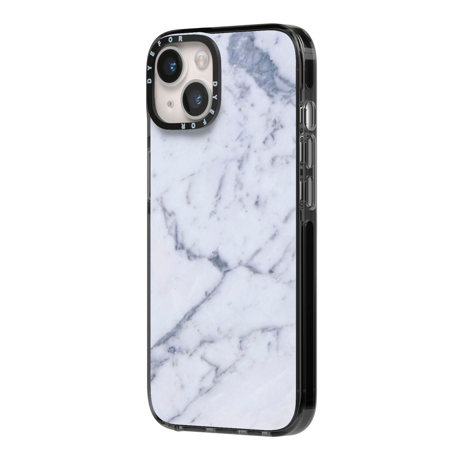 Faux Marble Grey White iPhone 14 Black Impact Case Side Angle on Silver phone