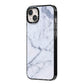 Faux Marble Grey White iPhone 14 Plus Black Impact Case Side Angle on Silver phone