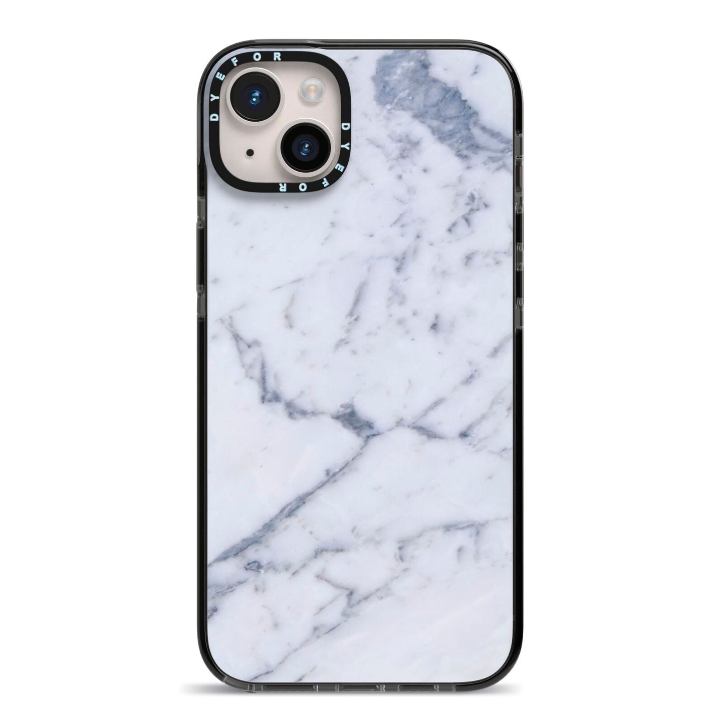 Faux Marble Grey White iPhone 14 Plus Black Impact Case on Silver phone