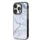 Faux Marble Grey White iPhone 14 Pro Black Impact Case Side Angle on Silver phone