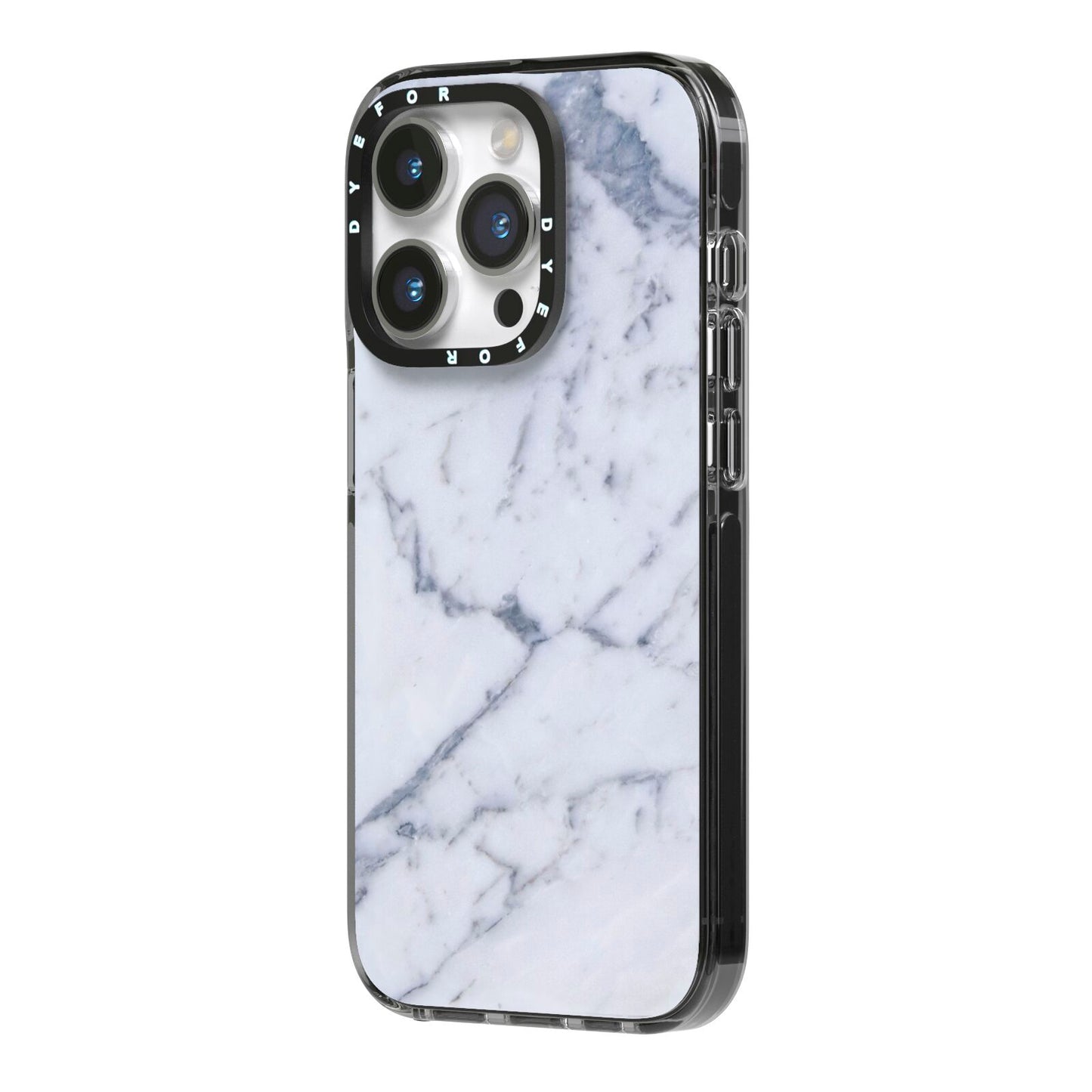 Faux Marble Grey White iPhone 14 Pro Black Impact Case Side Angle on Silver phone