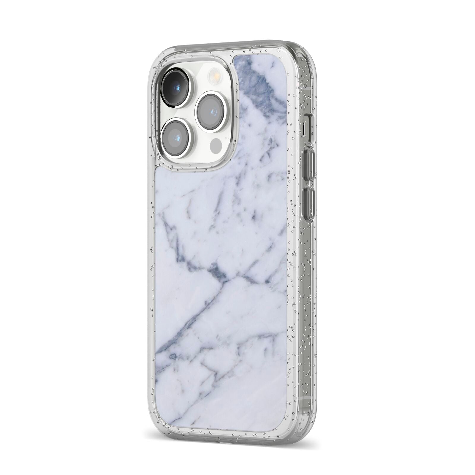Faux Marble Grey White iPhone 14 Pro Glitter Tough Case Silver Angled Image