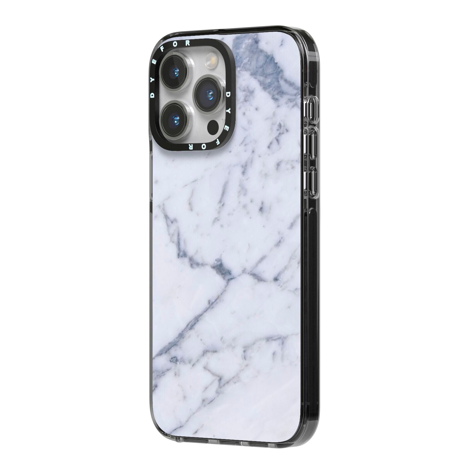Faux Marble Grey White iPhone 14 Pro Max Black Impact Case Side Angle on Silver phone