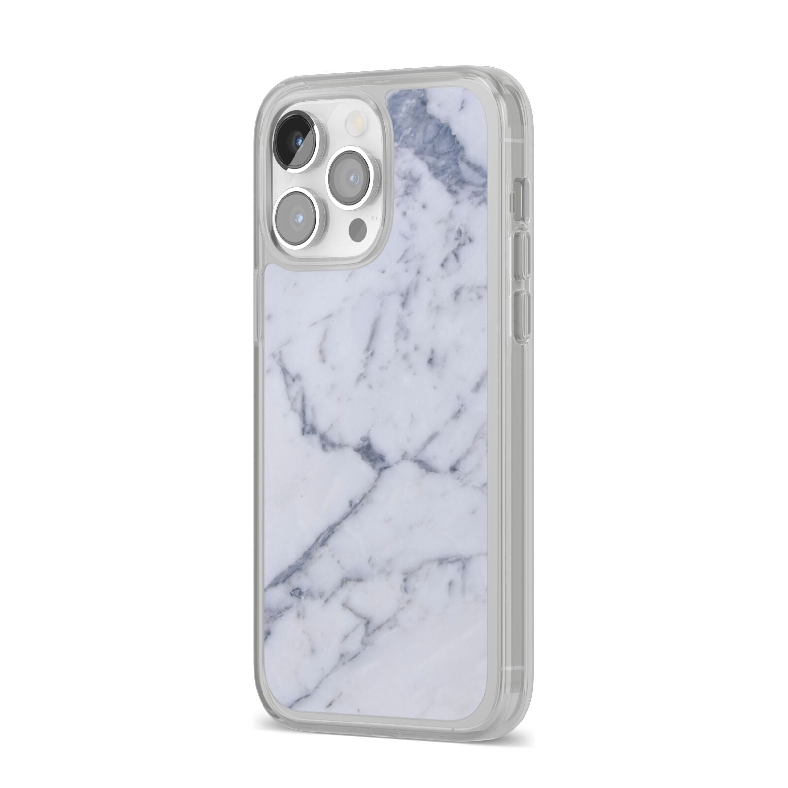 Faux Marble Grey White iPhone 14 Pro Max Clear Tough Case Silver Angled Image