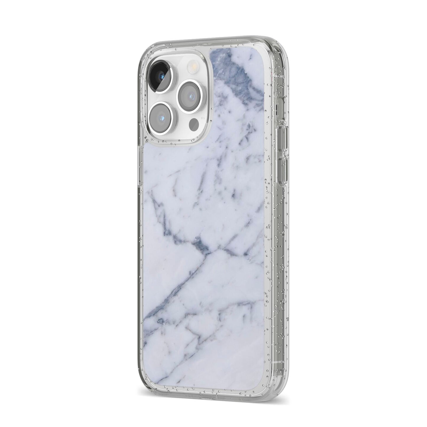 Faux Marble Grey White iPhone 14 Pro Max Glitter Tough Case Silver Angled Image