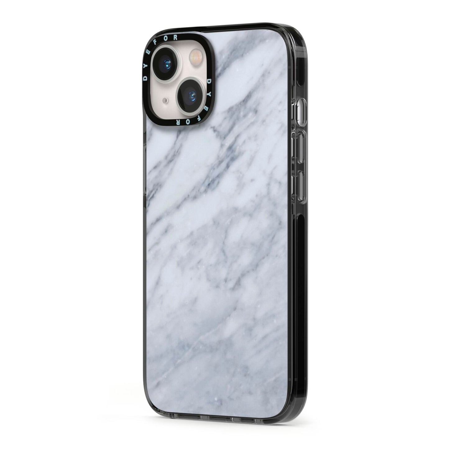 Faux Marble Italian Grey iPhone 13 Black Impact Case Side Angle on Silver phone