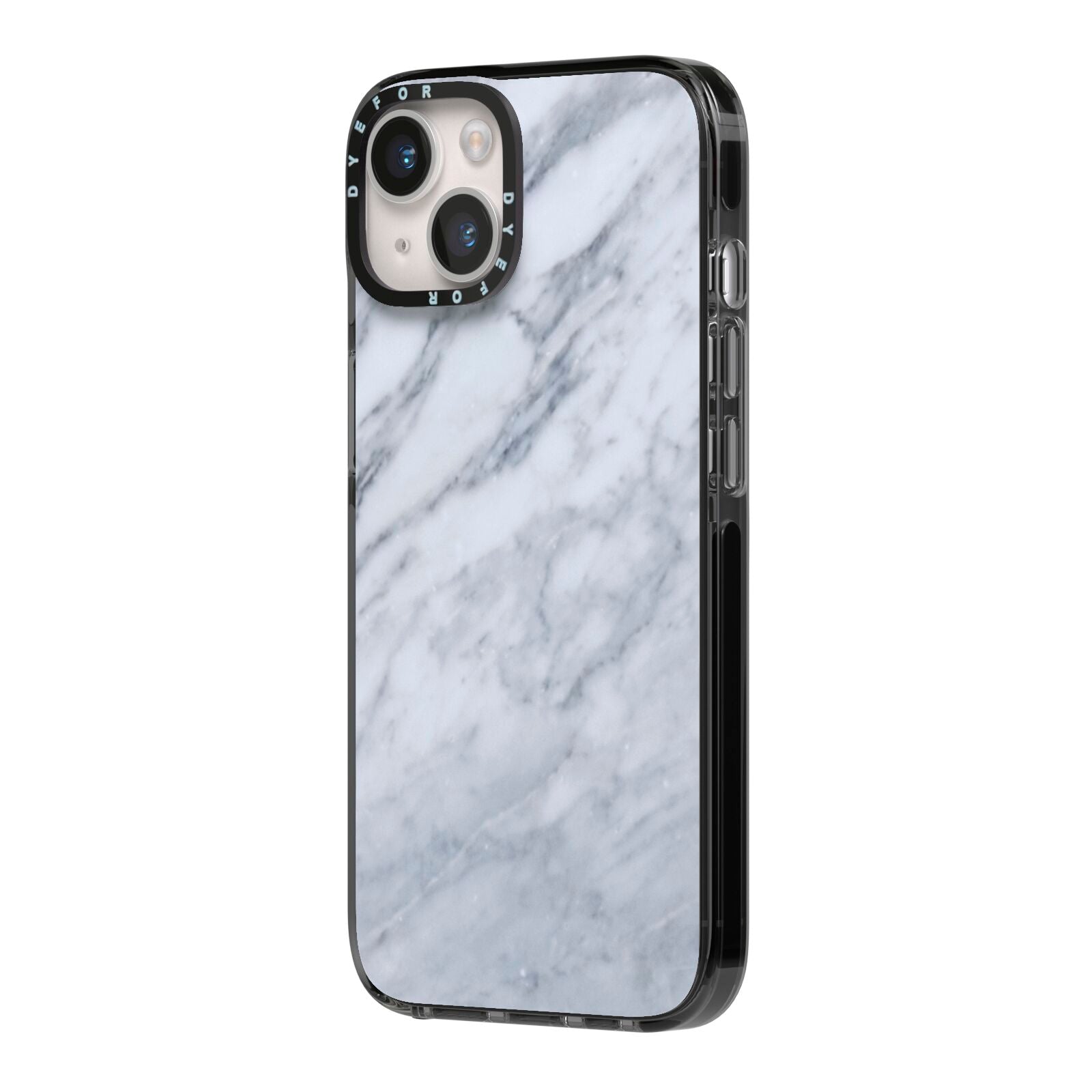 Faux Marble Italian Grey iPhone 14 Black Impact Case Side Angle on Silver phone
