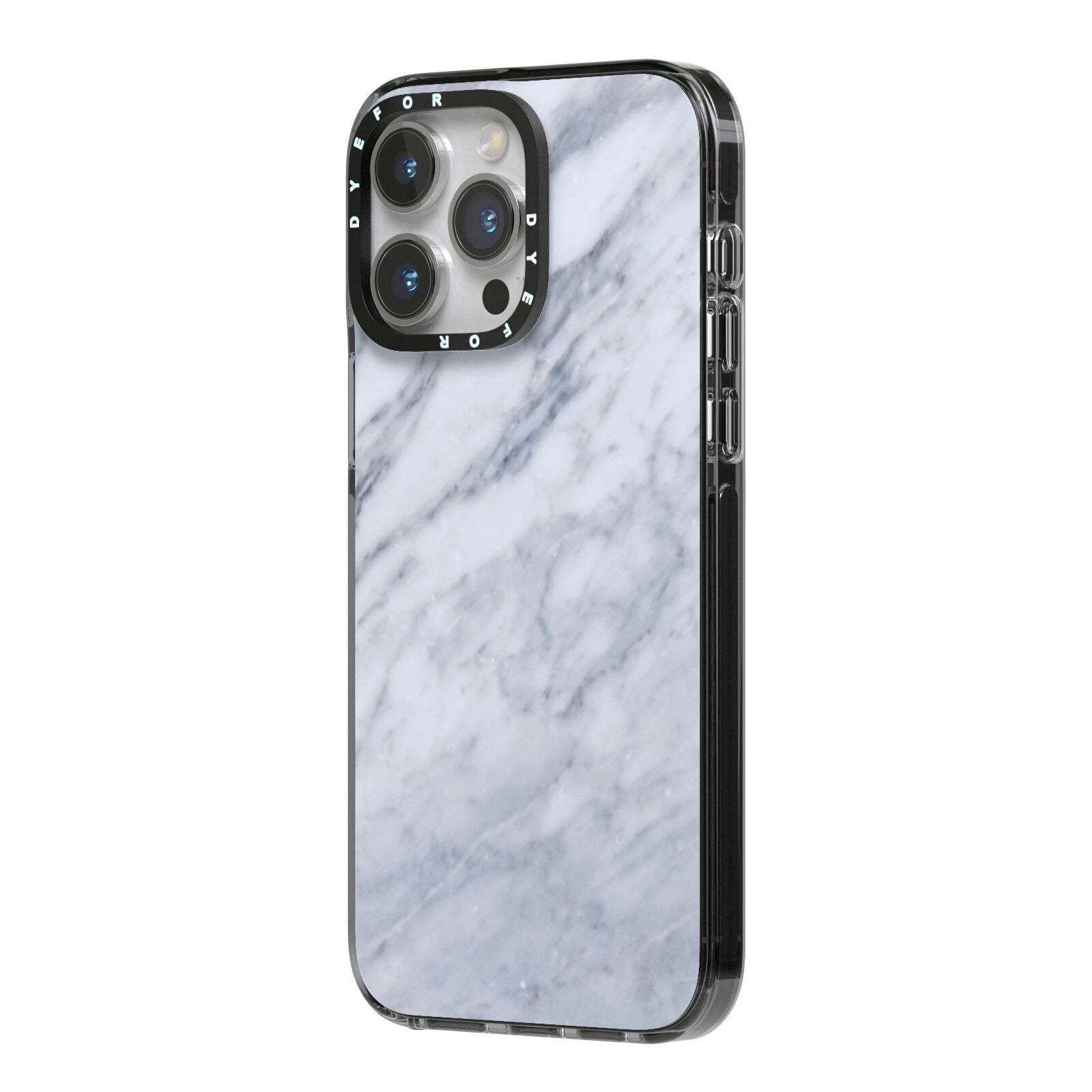 Faux Marble Italian Grey iPhone 14 Pro Max Black Impact Case Side Angle on Silver phone