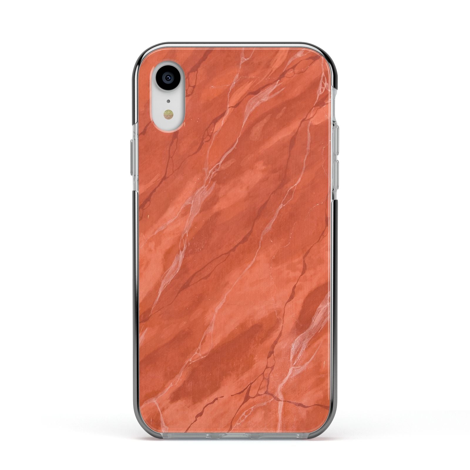 Faux Marble Red Orange Apple iPhone XR Impact Case Black Edge on Silver Phone
