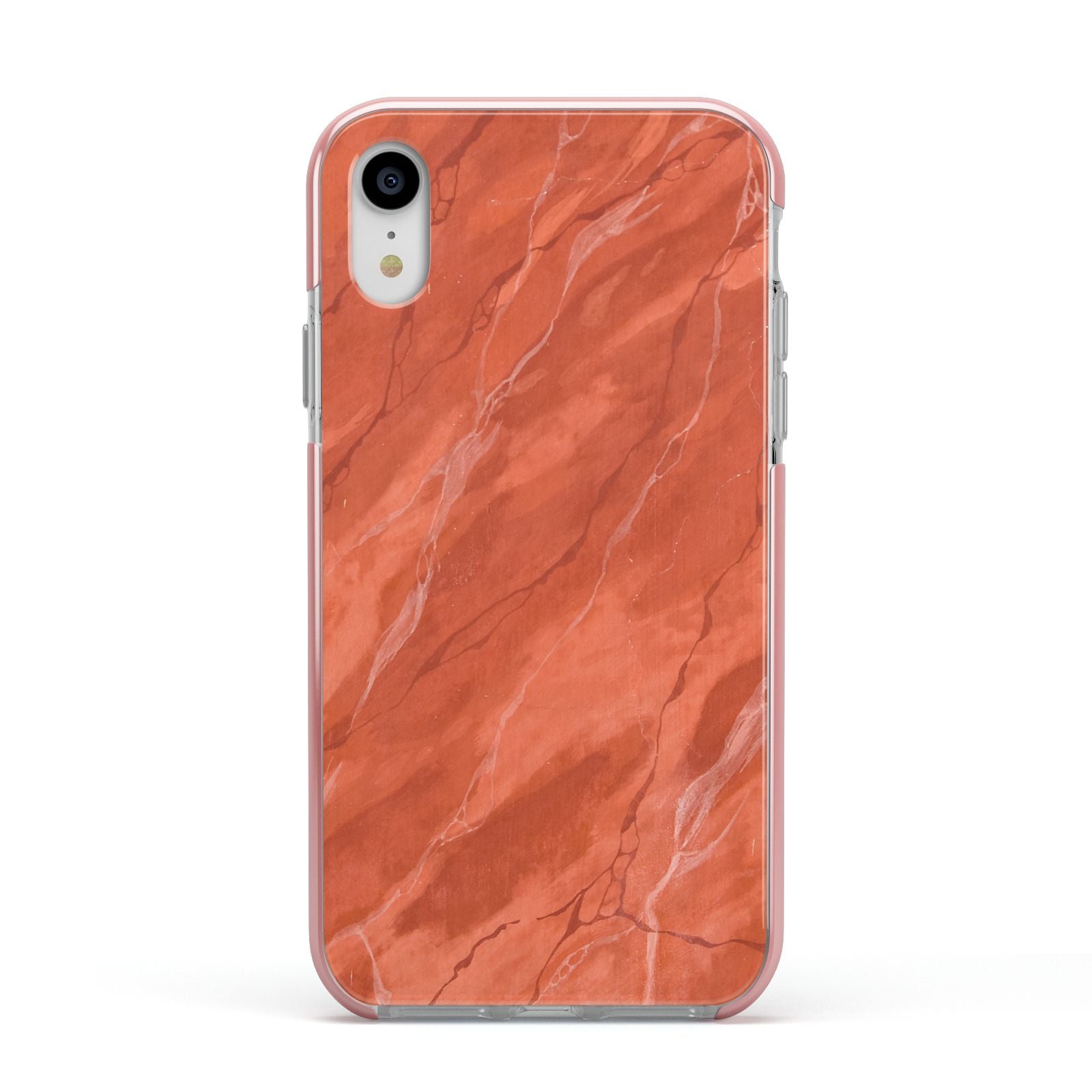 Faux Marble Red Orange Apple iPhone XR Impact Case Pink Edge on Silver Phone